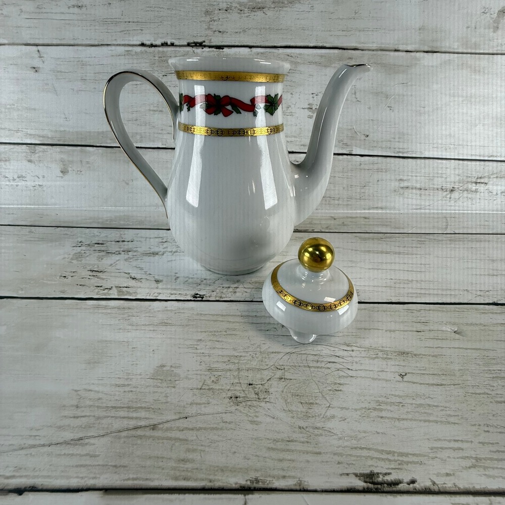 Mitterteich Bavaria Christmas Coffee Pot White Porcelain Gold Trim Holly Ribbon
